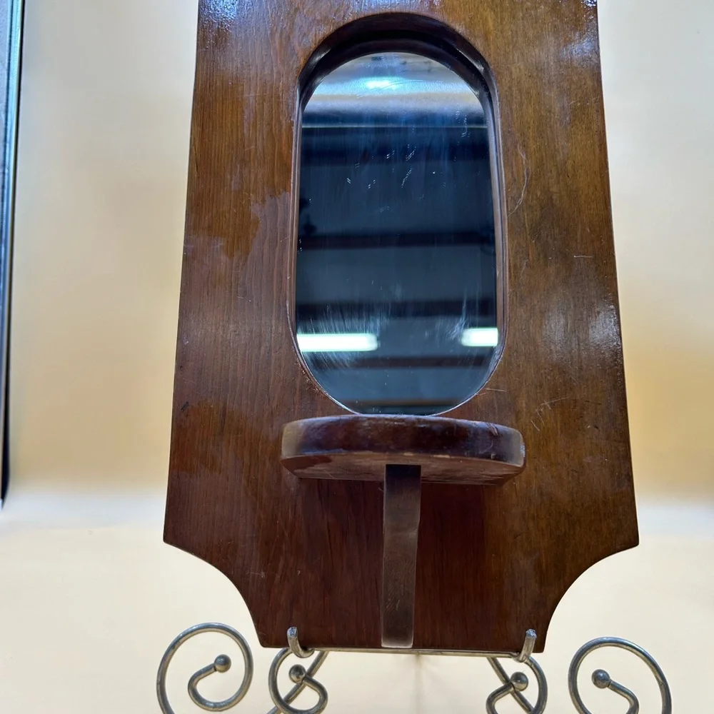 Vintage wood framed mirror with candle holder, MCM, farmhouse